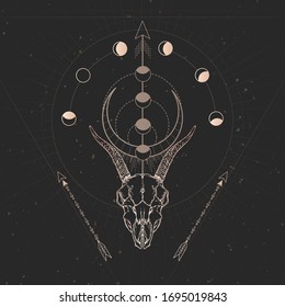 Vector illustration with hand drawn goat skull and Sacred symbol on black vintage background. Gold shape.