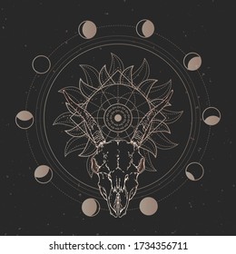 Vector illustration with hand drawn goat skull and Sacred geometric symbol on black vintage background. Gold linear shape.