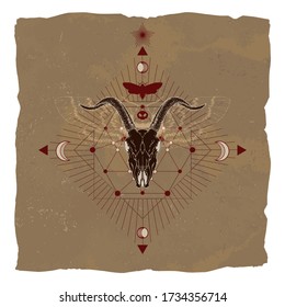 Vector illustration with hand drawn goat skull, dead head moth and geometric symbol on vintage paper background with torn edges. Image in sepia  and red color. 