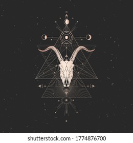 Vector illustration with hand drawn Goat skull and Sacred geometric symbol on black vintage background. Abstract mystic sign. Gold linear shape. 