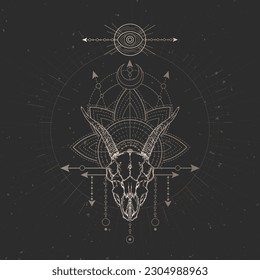 Vector illustration with hand drawn Goat skull and Sacred geometric symbol on black vintage background. Abstract mystic sign. Gold linear shape. 