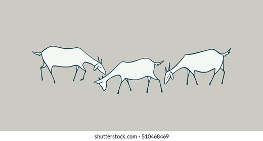 Vector illustration of hand drawn goat herd. Horizontal layout, cute animal characters.