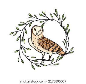 Vector illustration of hand drawn gorgeous Barn Owl in leafy wreath. Ink drawing, decorative graphic style. Beautiful animal design elements, logo template 