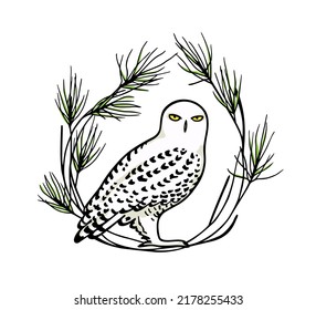 Vector illustration of hand drawn gorgeous snowy owl in floral pine wreath. Ink drawing, decorative graphic style. Beautiful animal design elements, logo template