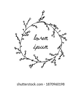 Vector illustration of hand drawn graceful floral wreath. Ink drawing, wild nature elements, graphic style. Beautiful wedding or greeting design element