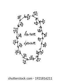 Ilustración vectorial de la elegante corona floral dibujada a mano. Dibujo de tinta, elementos de naturaleza silvestre, estilo gráfico. Hermoso elemento de diseño de bodas o saludos