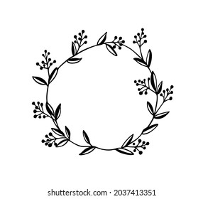 Vector illustration of hand drawn graceful floral wreath with berries. Ink drawing, wild nature elements, graphic style. Beautiful wedding or greetings design element