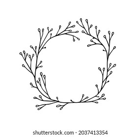 Vector illustration of hand drawn graceful leafy wreath. Ink drawing, wild nature elements, graphic style. Beautiful wedding or greetings design element