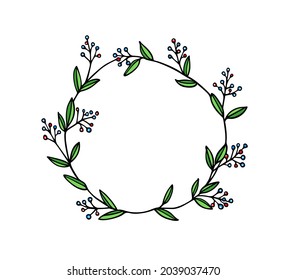 Vector illustration of hand drawn graceful floral wreath with berries. Ink drawing, wild nature elements, graphic style. Beautiful wedding or greetings design element