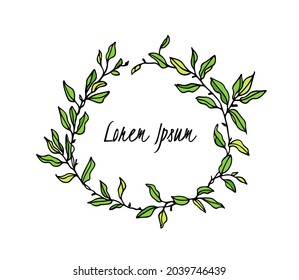 Vector illustration of hand drawn graceful leafy wreath. Ink drawing, wild nature elements, graphic style. Beautiful wedding or greetings design element