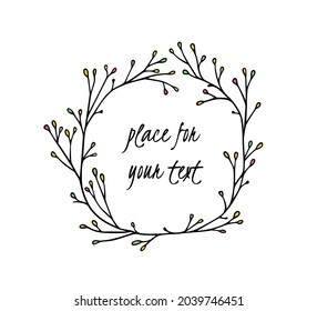 Vector illustration of hand drawn graceful floral wreath. Ink drawing, wild nature elements, graphic style. Beautiful wedding or greetings design element