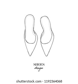 Vector illustration of hand drawn graphic woman's Footwear, shoes. Casual moccasins or mules shoes. Doodle outline drawing Design isolated object. Logo concept design of women's accessories