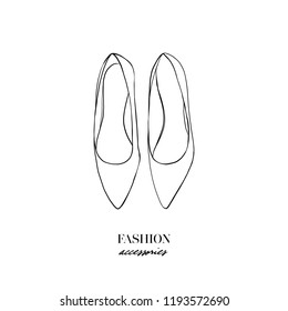 Vector Illustration Of Hand Drawn Graphic Woman's Footwear, Shoes. Casual Moccasins Or Ballet Shoes. Doodle Outline Drawing Design Isolated Object. Logo Concept Design Of Women's Accessories