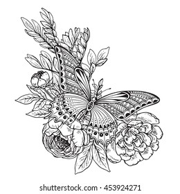 Vector illustration of hand drawn graphic butterfly on peony flowers bouquet. Black and white image for for coloring book, tattoo, print on t-shirt, bag, invitations and greeting cards