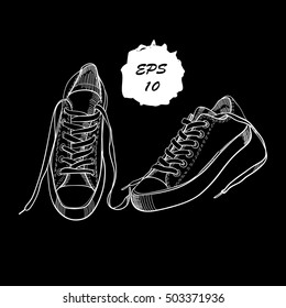 Vector illustration of hand drawn graphic sneakers, sport shoes for they on black background. Doodle Design isolated object.