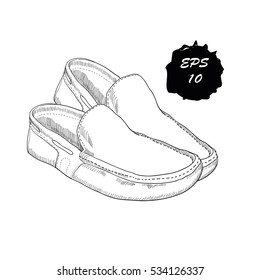 Vector illustration of hand drawn graphic Men moccasins on white background. Casual style of footwear. Doodle Design isolated object for logo.