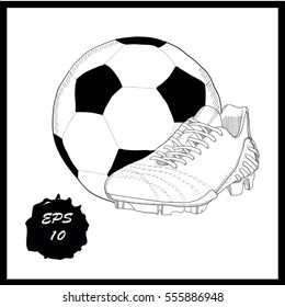 Vector illustration of hand drawn graphic football boots with ball on white background. Doodle Design isolated object for logo.