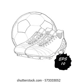 Vector illustration of hand drawn graphic football boots with ball on white background. Doodle Design isolated object for logo.