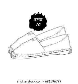 Vector illustration of hand drawn graphic Men and women Footwear, shoes. Moccasins, sneakers, boots. Doodle, drawing Design isolated object.
