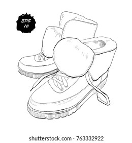 Vector illustration of hand drawn graphic Men and women Footwear, shoes. Casual and sport style, gumshoes, boots for cold seasons. Doodle, drawing Design isolated object.