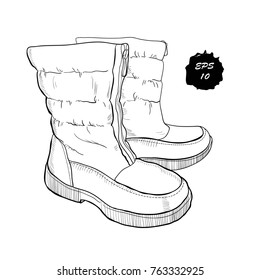 Vector illustration of hand drawn graphic Men and women Footwear, shoes. Casual and sport style, gumshoes, boots for cold seasons. Doodle, drawing Design isolated object.