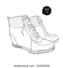 Vector illustration of hand drawn graphic women Footwear, shoes, Shoe for casual and sport style, gumshoes, boots for cold seasons. Doodle, drawing Design isolated object.