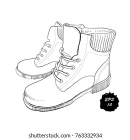Vector illustration of hand drawn graphic Men and women Footwear, shoes. Casual and sport style, gumshoes, boots for cold seasons. Doodle, drawing Design isolated object.