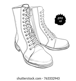 Vector illustration of hand drawn graphic Men and women Footwear, shoes. Shoe for casual and sport style, gumshoes, boots for cold seasons. Doodle, drawing Design isolated object.