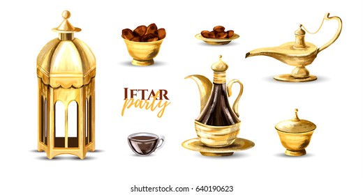vector illustration. vector hand drawn graphics Iftar party celebration. Traditional subjects. the Muslim feast of the holy month of Ramadan Kareem. Translation from Arabic: Generous Ramadan