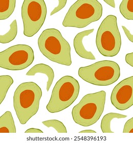 Vector illustration with hand drawn green avocados seamless pattern isolated on white background. Vegetarian food illustration template for poster print, card, menu, textile