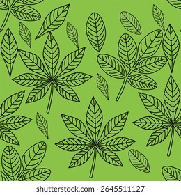Vector illustration of hand drawn green leaf seamless pattern. Includes chestnut, oval, and tropical leaves. Ideal for eco design, nature backgrounds, or botanical themed projects.