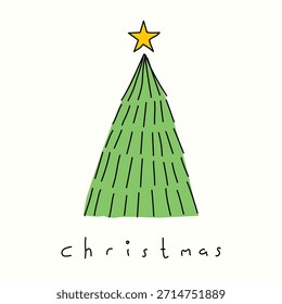 Ilustração vetorial de uma árvore de natal verde desenhada à mão com uma estrela amarela e uma palavra de natal escrita à mão.
