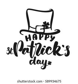 Vector illustration: Hand drawn greeting brush lettering of Happy St. Patrick's Day with leprechaun hat isolated on white background.