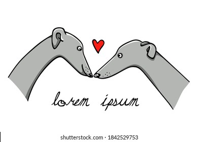 Vector illustration of hand drawn greyhound dog couple in love. Beautiful design elements, ink drawing, funny romantic illustration. Perfect for Valentine's day celebration.