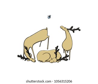 Vector illustration of hand drawn group of cute deers. Beautiful ink drawing, sketch style. Perfect design elements, animal illustration