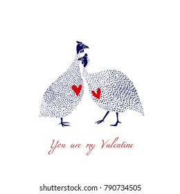 Vector illustration of hand drawn guinea fowl couple in love. Beautiful design elements, ink drawing, funny romantic illustration. Perfect for Valentine's day celebration.