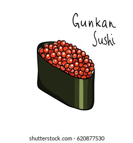 Vector illustration of hand drawn gunkan sushi with salmon roe. Beautiful food design elements, perfect for any business related to the food industry.