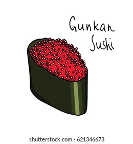 Vector illustration of hand drawn gunkan sushi with flying fish roe. Beautiful food design elements, perfect for any business related to the food industry.
