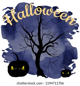 Vector illustration of hand drawn halloween pumpkin, lettering, watercolor, dark blue forest, tree, jack lantern