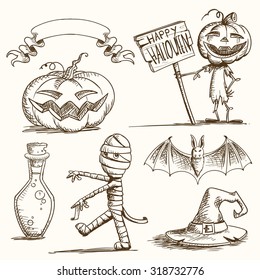 Vector Illustration of Hand Drawn Halloween Elements