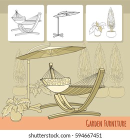 Vector illustration of hand drawn hammock, umbrella  and flowers in pot. Garden accessory on beige  background. Landscape design. Summer backyard with outdoor furniture. Rest area.