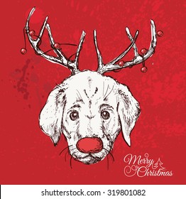 Vector illustration of hand drawn vector of  hand-drawn dog with horns and  Christmas label on red background