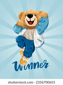 Vector illustration of hand drawn happy teddy bear in sportswear jumping
