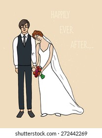 Vector illustration of hand drawn happy bride and groom holding hands.