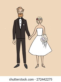 Vector illustration of hand drawn happy bride and groom holding hands.
