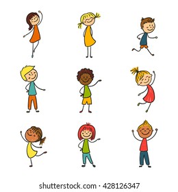 Vector Illustration of Hand Drawn Happy Little Children
