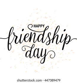 Vector illustration of hand drawn happy friendship day felicitation in fashion style with lettering text sign and color triangle for grunge effect isolated on white background