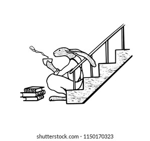 Vector illustration of hand drawn hare drinking tea on a ladder with pile of books next to him. Beautiful ink drawing, sweet illustration