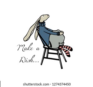 Vector illustration of hand drawn hare sitting in a chair under the sky and making a wish. Beautiful ink drawing, sweet illustration