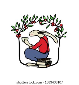 Vector illustration of hand drawn hare drinking tea on stack of books in cozy floral wreath.  Beautiful ink drawing, vector emblem, logo template
